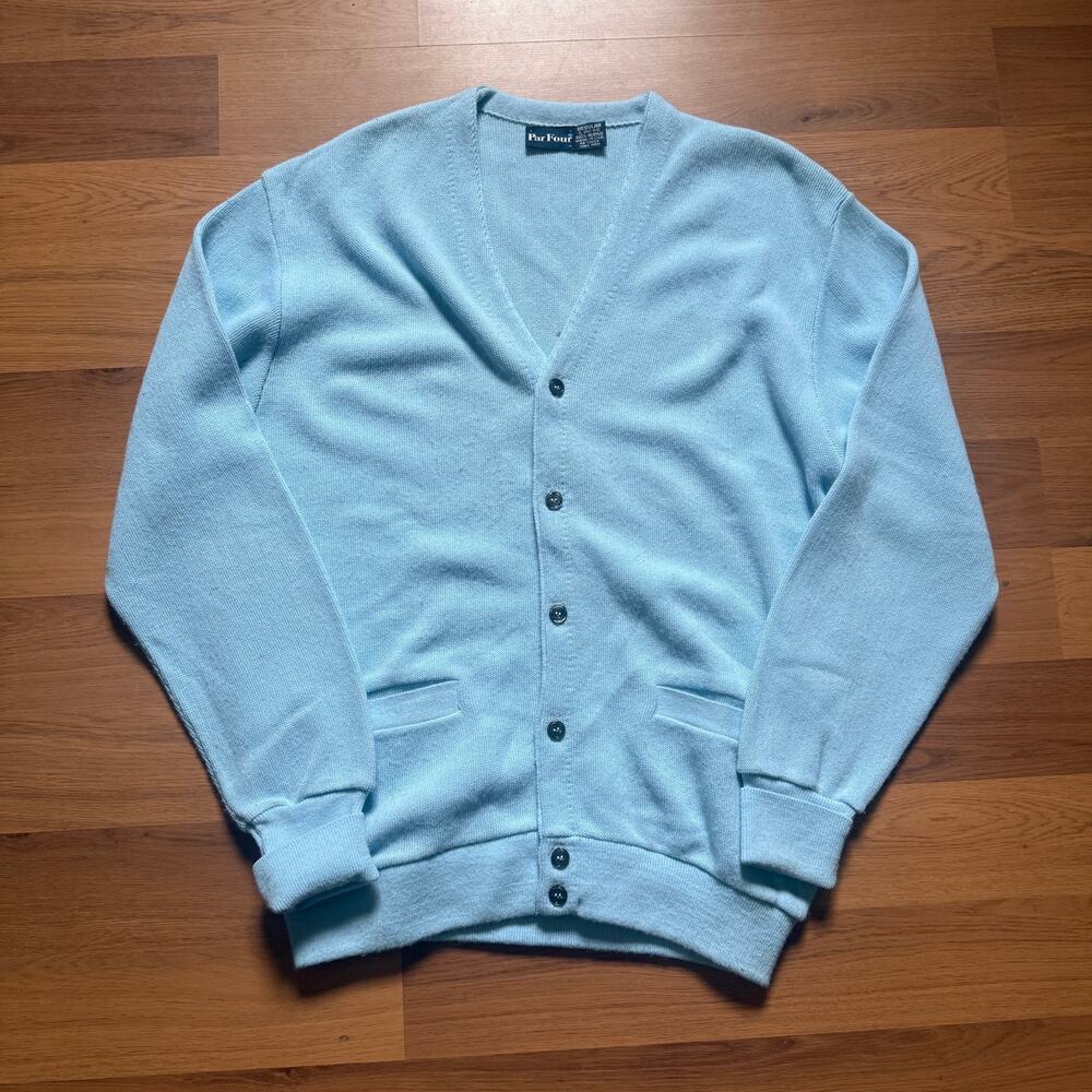 Men's Vintage 80's Par Four Light Baby Blue Knit Golf Cardigan Sweater Sz Large